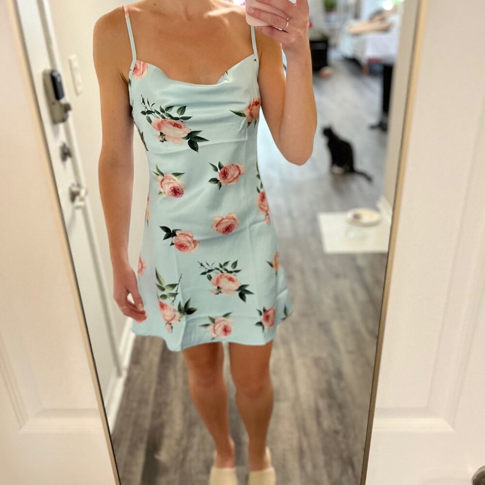 Satin Cowl Neck Floral Mini Dress